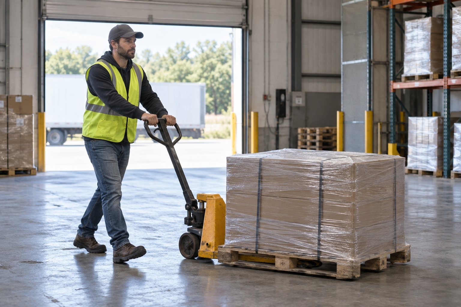 Illustrative warehouse worker moving a wrapped pallet with a manual pallet jack