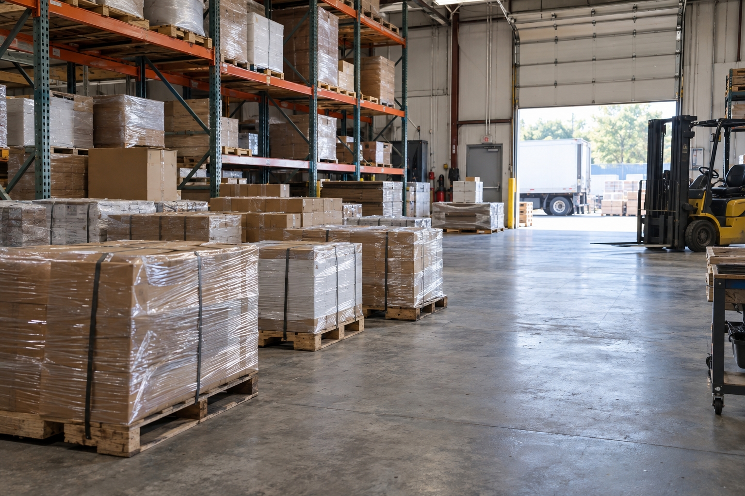 Illustrative warehouse with wrapped pallets, steel racks, and a daylight loading doorway